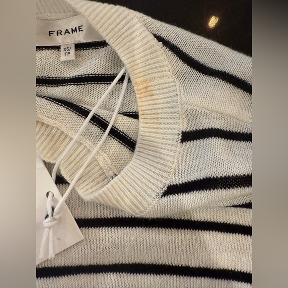 FRAME Gathered Striped Short Sleeve Organic Cotton/Linen Blend Sweater NWT - Picture 13 of 14